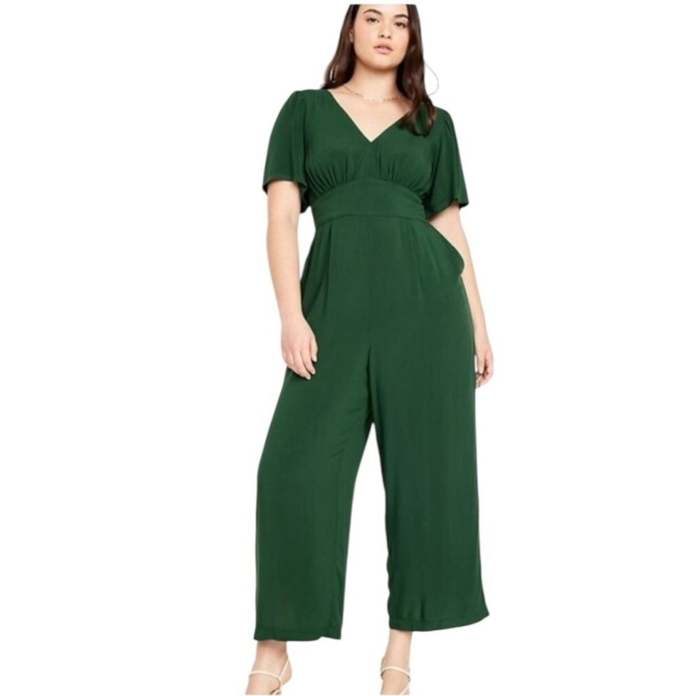 Old Navy Women XL Tall Green Waist Defined Puff Sleeve Jumpsuit Spring Easter